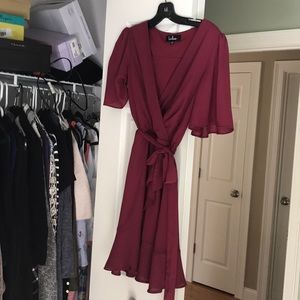 Lulus burgundy wrap ruffle dress.